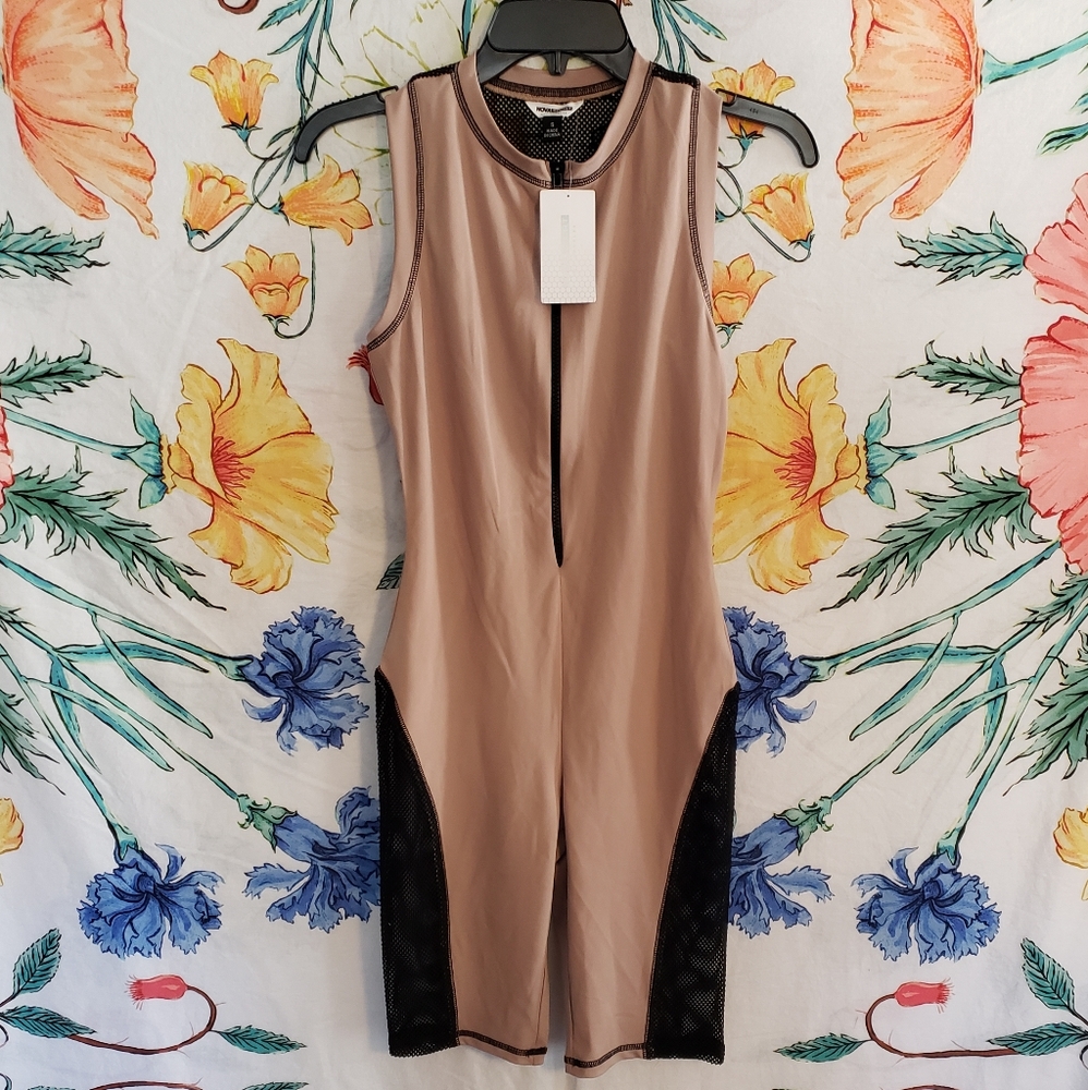 Tan Sporty Athletic Mesh Zip Up Romper